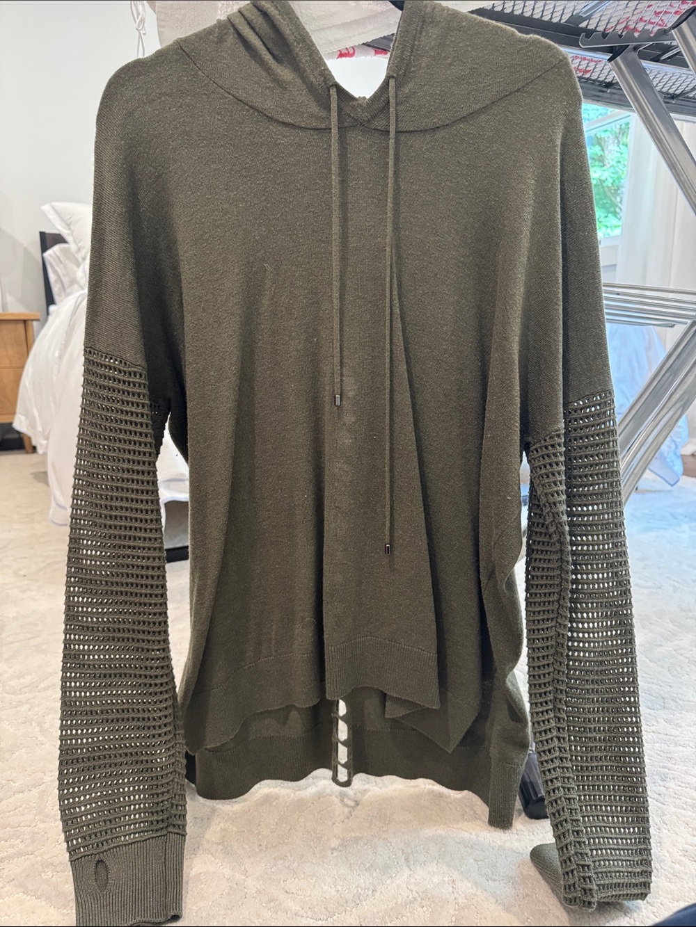 Women's Olive Knit Hooded Pullover with Openwork Sleeves